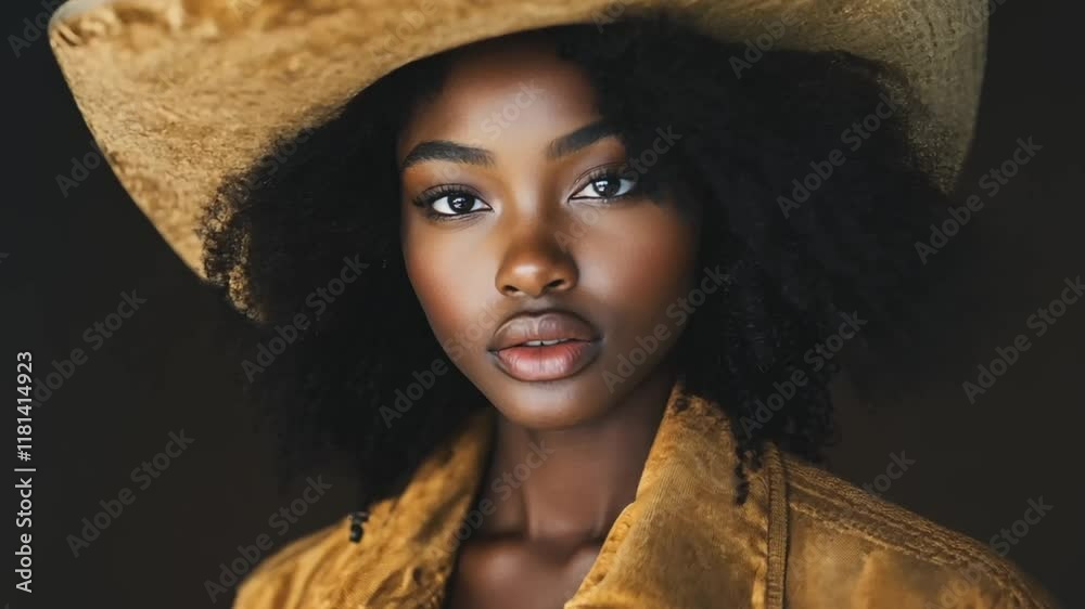 A confident Black African cowgirl in a wide-brimmed hat standing against a warmly lit rustic backdrop.