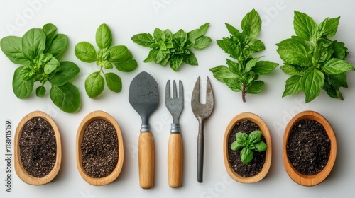 Herb gardening setup with fresh basil and mint along with gardening tools on ...