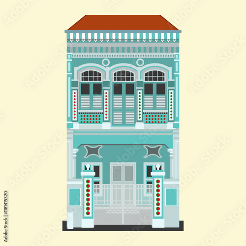 A traditional Peranakan shophouse in Singapore with intricate blue facade, red-tiled roof, and decorative windows. Reflects rich cultural heritage and architectural elegance.