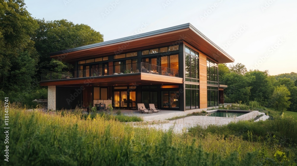 Modern house, wood, glass, pool, wooded setting. Modern house, wood, glass, pool, wooded setting.