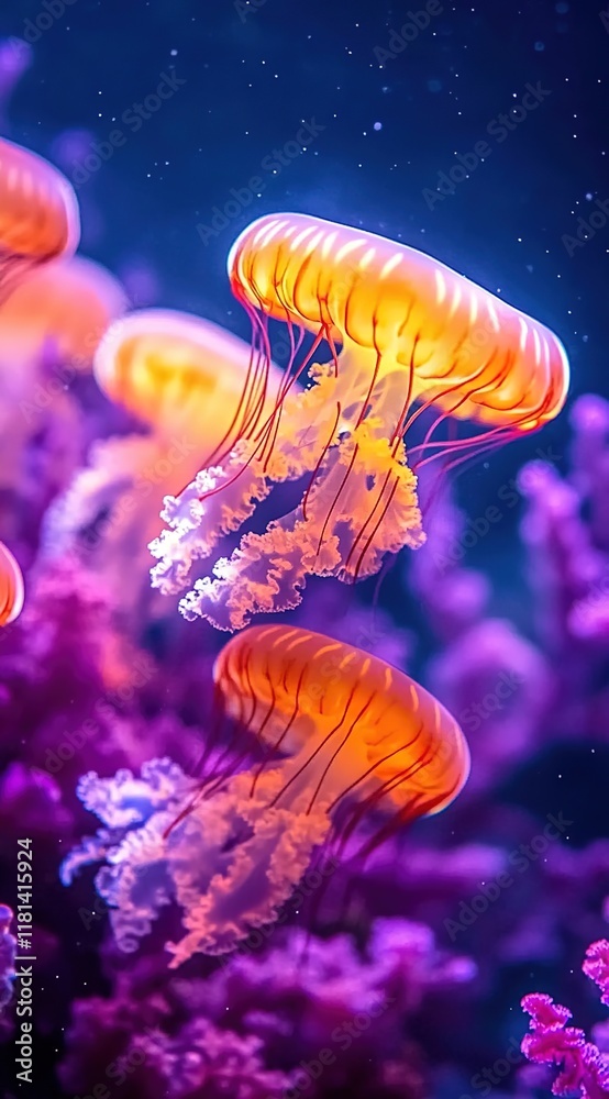 Naklejka premium A group of beautiful jellyfish, with a purple and orange color scheme, captured through underwater photography. 