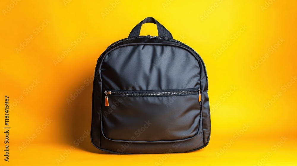 Fototapeta premium A sleek black backpack against a vibrant yellow background, ideal for urban style