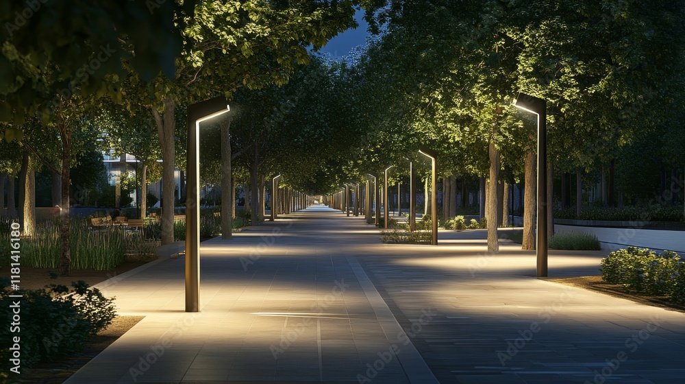 Nighttime pathway, illuminated, trees, paved surface. Nighttime pathway, illuminated, trees, paved surface.