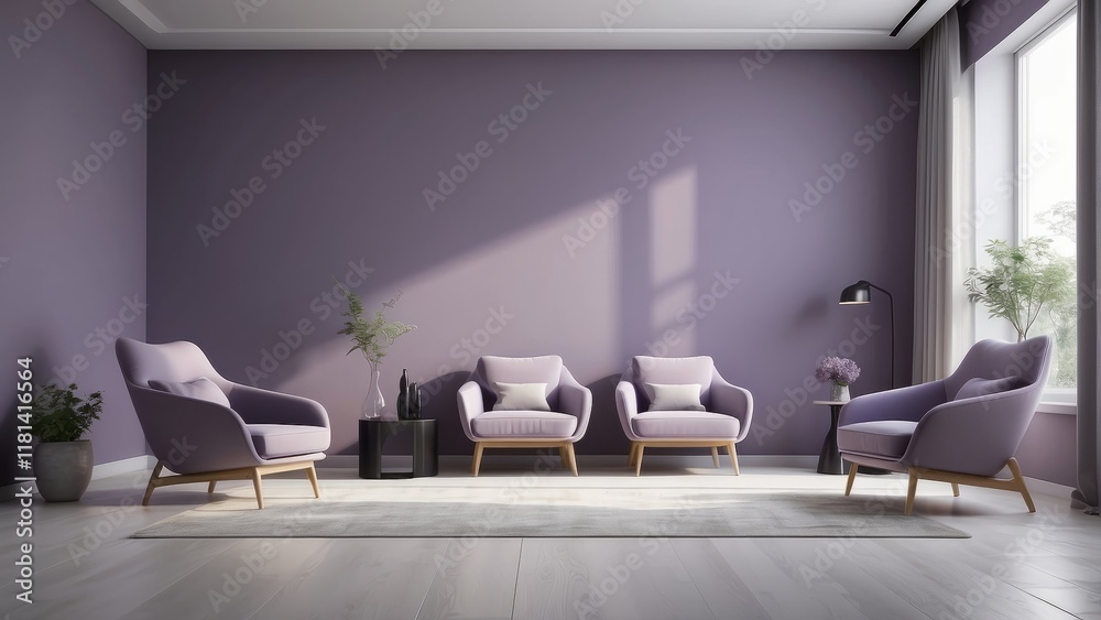 Fototapeta premium Modern minimalist empty room, with chair on gray-purple wall background