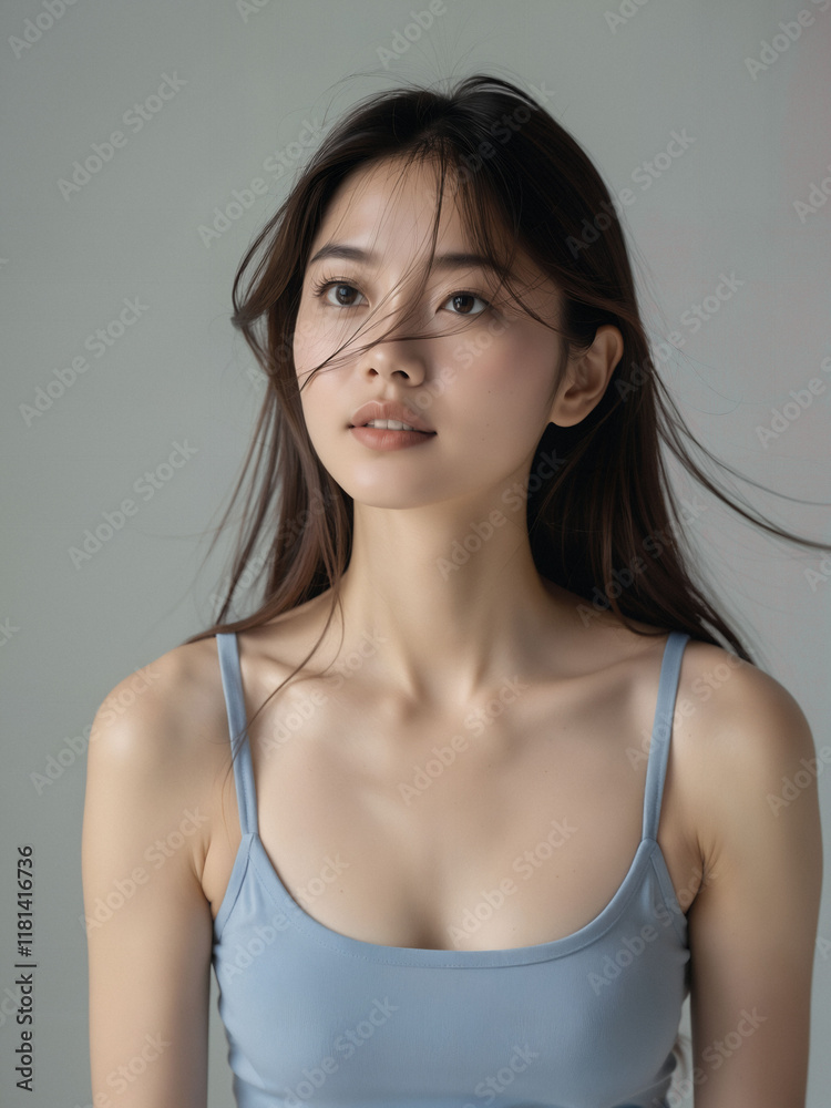Young Woman with Long Hair in Soft Light and Simple Background Young Woman with Long Hair in Soft Light and Simple Background