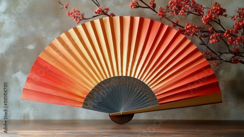 Decorative hand fan with orange and red hues placed on a wooden surface