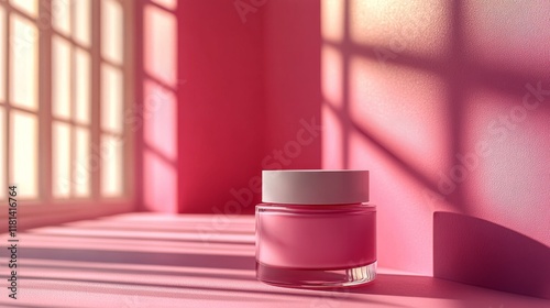 Soft pink cosmetic jar on a pastel table with sunlight streaming through a wi...