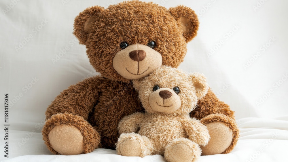 Obraz premium Two teddy bears sitting together on a soft surface