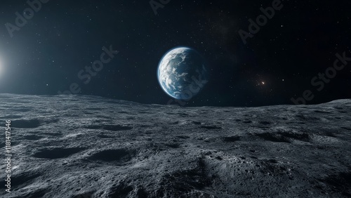 View of Earth from lunar surface at night with starry sky