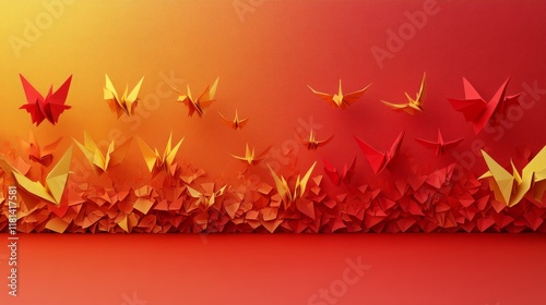 Colorful paper butterflies and flowers arranged in decorative art composition