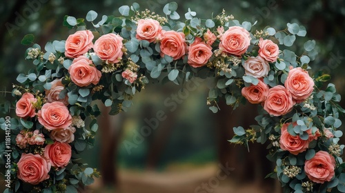 Floral archway adorned with roses and greenery in a serene garden setting dur...