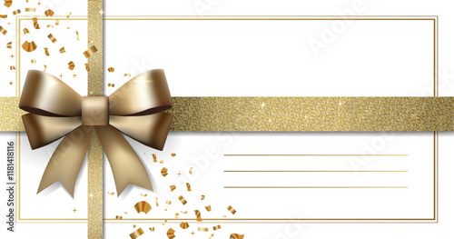 White background with gold bow. Empty gift voucher with place for text. Elegant template for card, coupon, certificate.