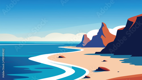 Beach scene featuring gentle waves lapping against rocky formations in the water under a clear sky nature flat vector illustration
