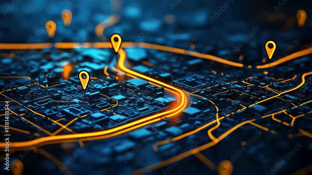 Digital map with glowing location pins and connecting lines, representing geographic tracking, smart cities, and AI driven traffic technology concepts