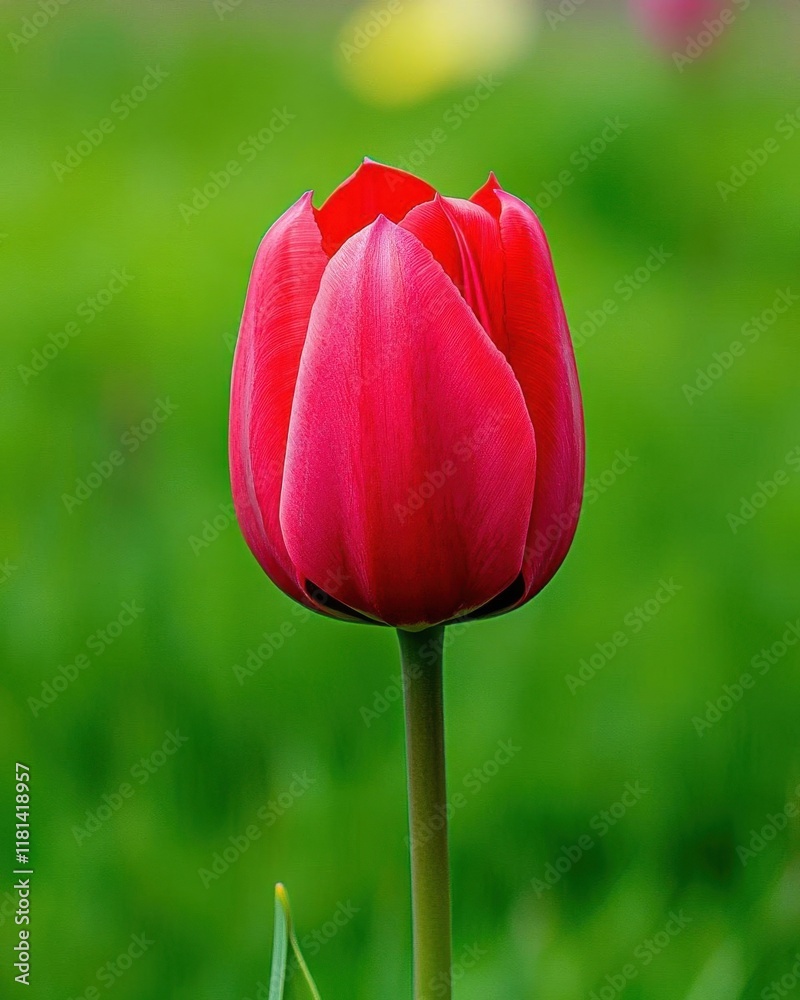 A vibrant pink tulip standing tall against a blurred green background. A vibrant pink tulip standing tall against a blurred green background.