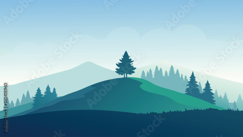  Grassy hill adorned with trees, shrouded in a gentle fog that lingers in the distance nature flat vector illustration