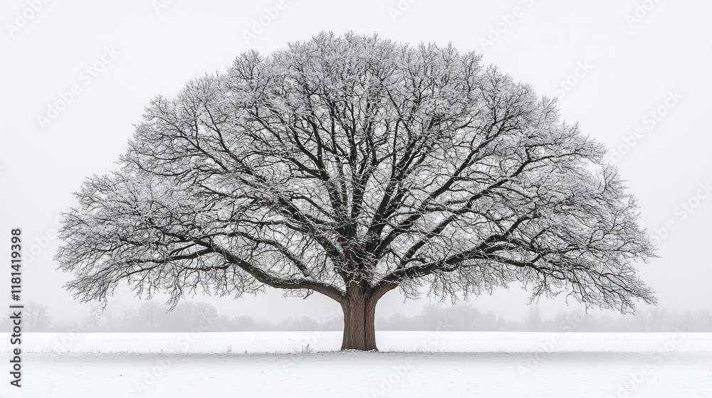 Fototapeta premium Majestic Winter Oak: A Solitary Tree in a Snow-Covered Field