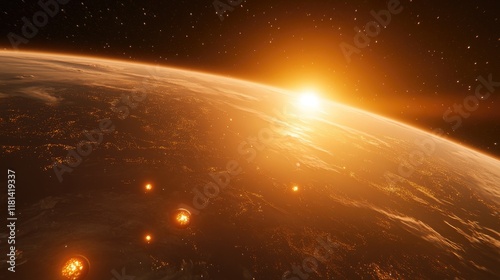 Sunrise over group of planets in space.