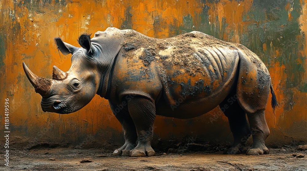 Fototapeta premium Muddy Rhino Against a Rustic Wall