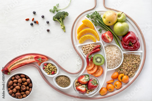 shows an anatomical image of the stomach filled with various useful products such as fruits, vegetables The products are arranged in such a way as to resemble different compartments
