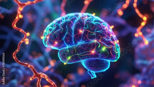 Neural Network Connections in a Vibrant Digital Brain - 3D Illustration