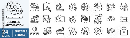 Business automation web line icon set. Containing process, digital transformation, industry, productivity, technology, business. vector illustration