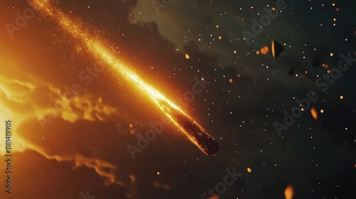 A comet, an asteroid, a meteorite falls to the ground against a starry sky. Attack of the meteorite. Meteor Rain. Kameta tail. End of the world. Astranomy.