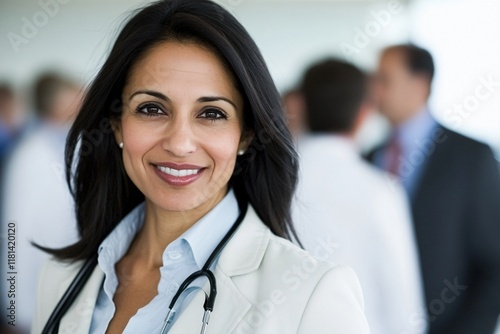 Smiling female doctor in a white coat with a stethoscope in a professional setting