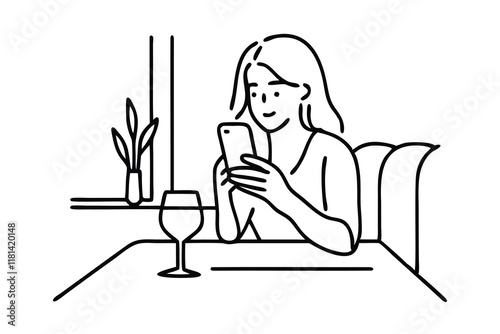 Young girl at a table, enjoying a drink while using her phone line art vector illustration.