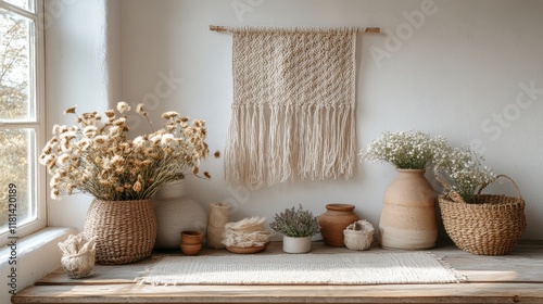 Cozy interior with natural materials and decorative elements in a minimalist ...