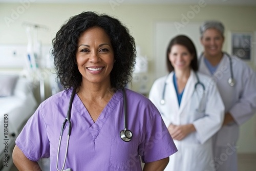 Smiling female nurse in purple scrubs with doctors in background