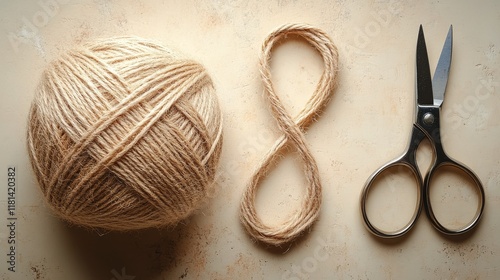 Crafting with yarn and flowers on a rustic table with scissors in a creative ...