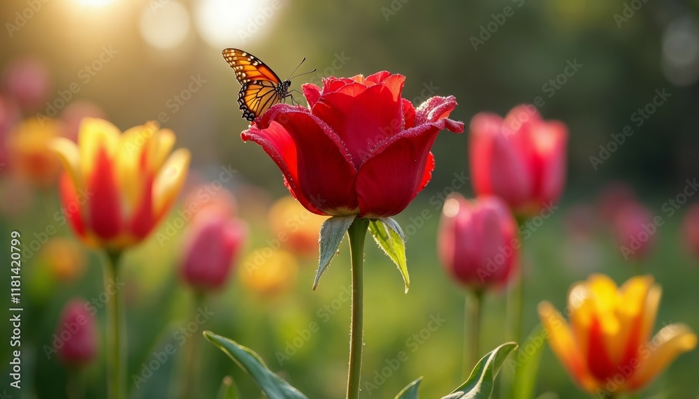 Obraz premium Butterfly on Red Tulip