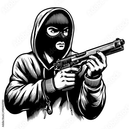 Masked Gunman in Hoodie vector illustration