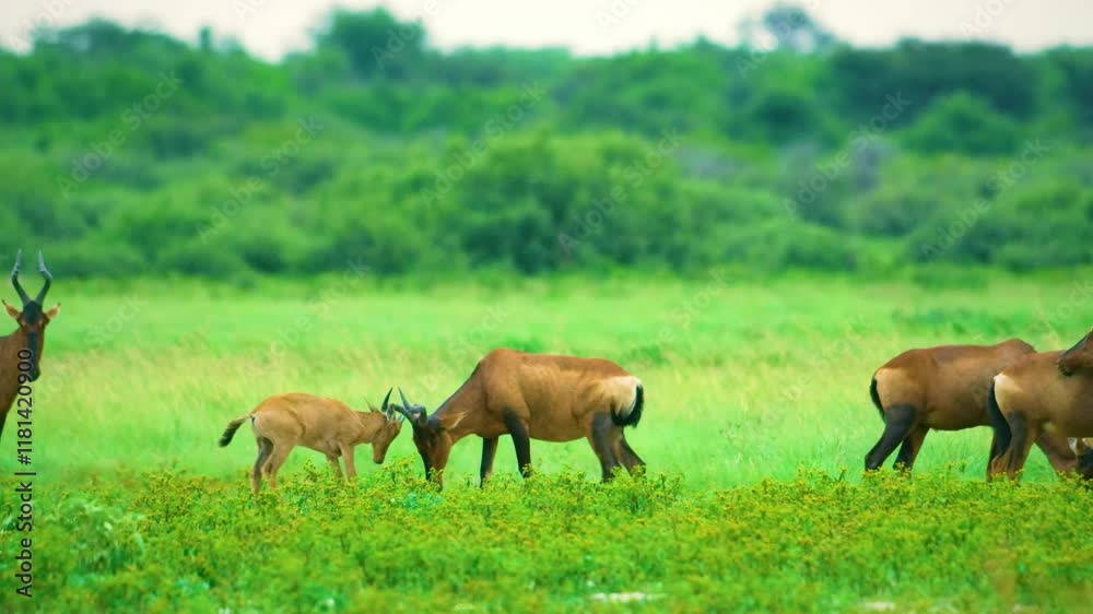 A Young red hartebeest or Cape hartebeest (Alcelaphus buselaphus caama) playing with her mother. A Young red hartebeest or Cape hartebeest (Alcelaphus buselaphus caama) playing with her mother.