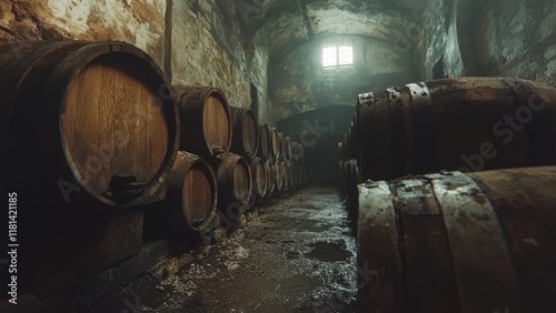 Exploring an old cellar filled with wooden barrels in dim light photo