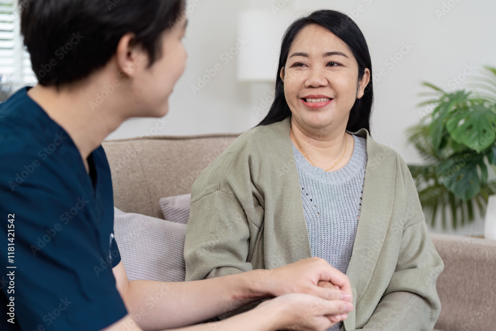 Compassionate Doctor Providing Care and Support to a Smiling Patient in a Comfortable Medical Setting Compassionate Doctor Providing Care and Support to a Smiling Patient in a Comfortable Medical Setting