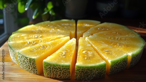 Freshly cut melon resting on a wooden board with mint leaves in a sunlit kitchen
