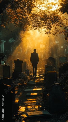 Man walking through an old cemetery at sunset surrounded by gravestones and t...