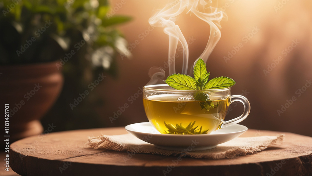 A soothing steaming cup of herbal tea with fresh mint leaves, perfect for relaxation and refreshment A soothing steaming cup of herbal tea with fresh mint leaves, perfect for relaxation and refreshment