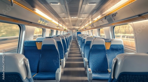 Empty train car, blue seats, passing landscape.