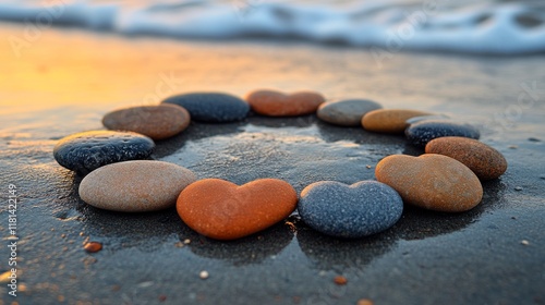 Unique arrangement of smooth stones forming a circular pattern on dark sand