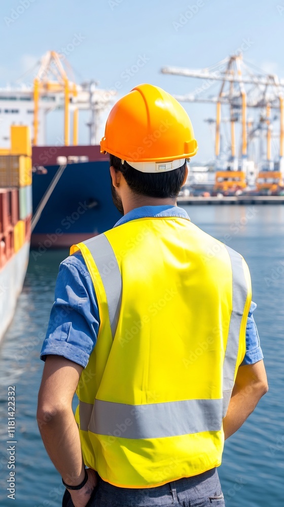 Worker in safety gear observing shipping operations at a port. Worker in safety gear observing shipping operations at a port.