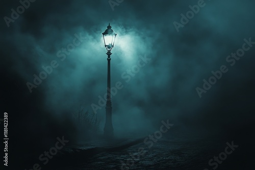 Mysterious street lamp illuminating foggy night