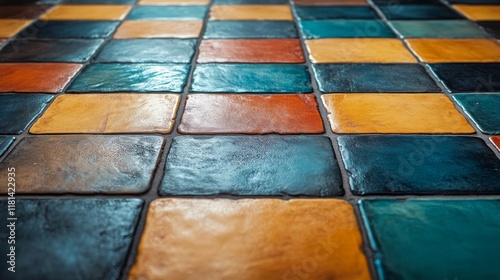 Vibrant colored tiles arranged artistically on a floor in a contemporary space