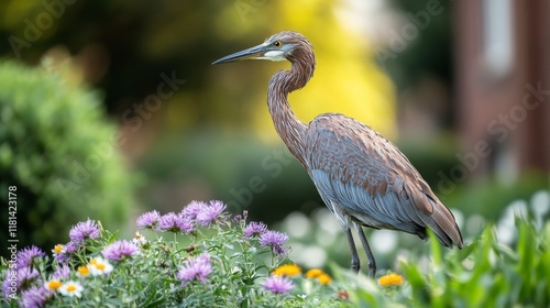 Metal heron sculpture near serene pond with vibrant flowers in garden setting