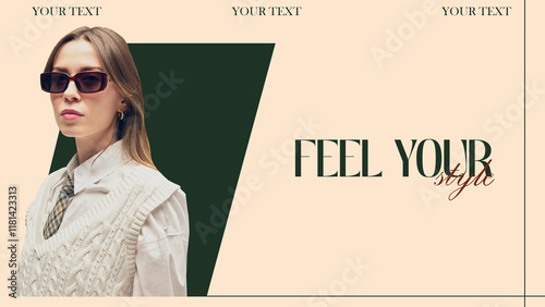 Elegant woman wearing white cable knit vest over shirt, styled with glasses and tie, set against beige and green background with text elements. Concept of fashion, trends, style. Banner template photo