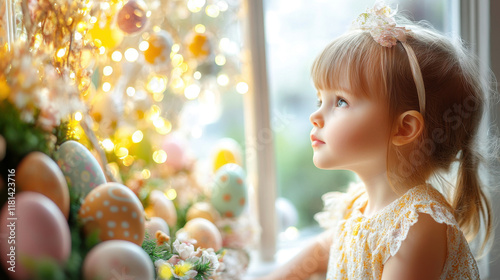 Adorable Child Admiring Easter Egg Display in Store Window for Seasonal Spting Holiday. Banner, poster with copy space photo