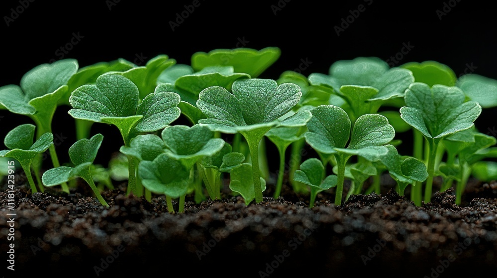 Naklejka premium Vibrant Green Sprouts Emerging from Dark Soil