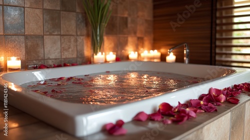 Relaxing bath with rose petals and candles in a serene indoor setting during ...